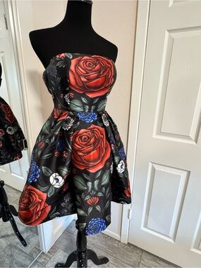Chi Chi London Black Strapless Floral Fit-and-Flare Dress with Red Roses
